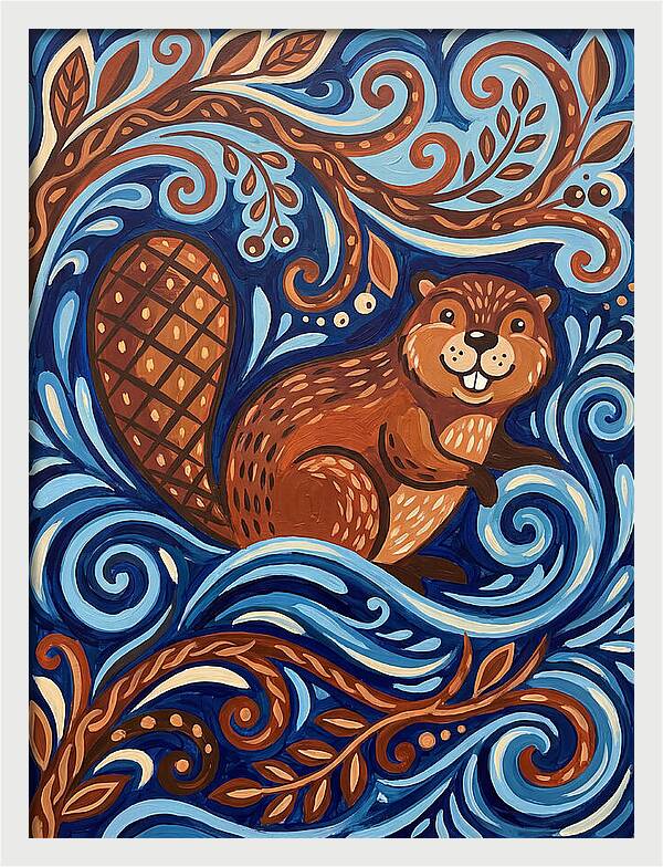 Beaver Among Swirling Waves