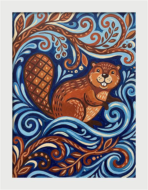 Beaver Among Swirling Waves