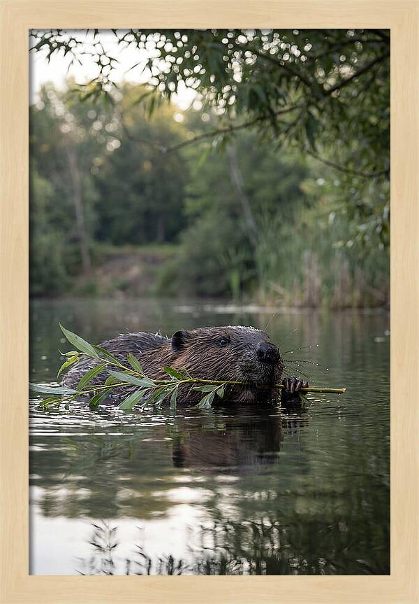 Beaver Swimming With Branch