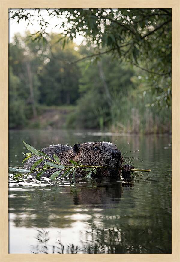Beaver Swimming With Branch