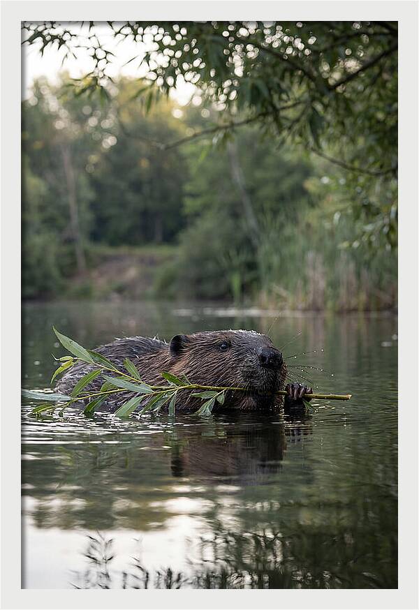 Beaver Swimming With Branch
