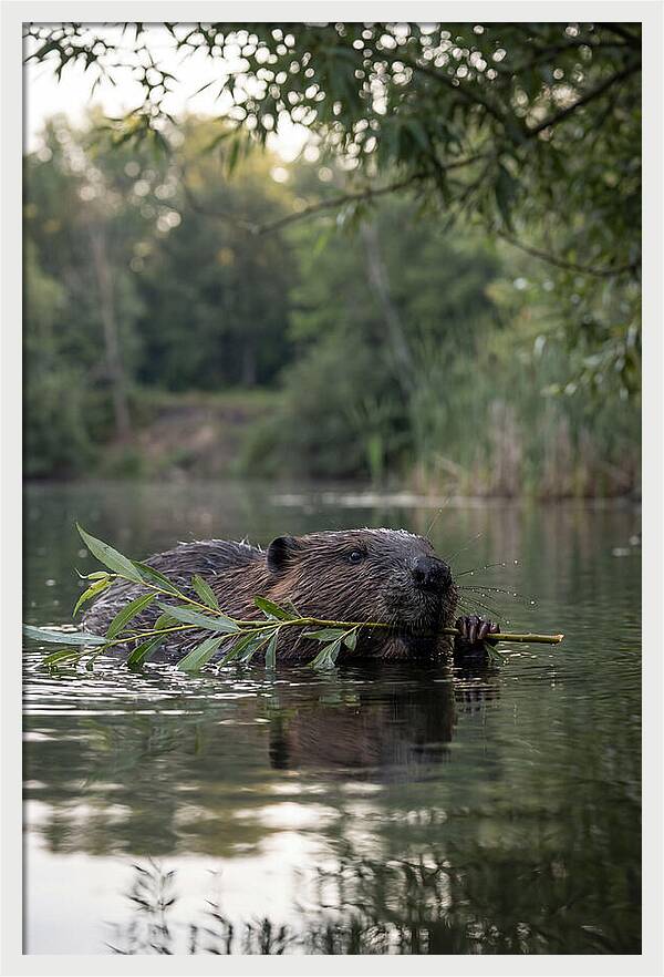 Beaver Swimming With Branch