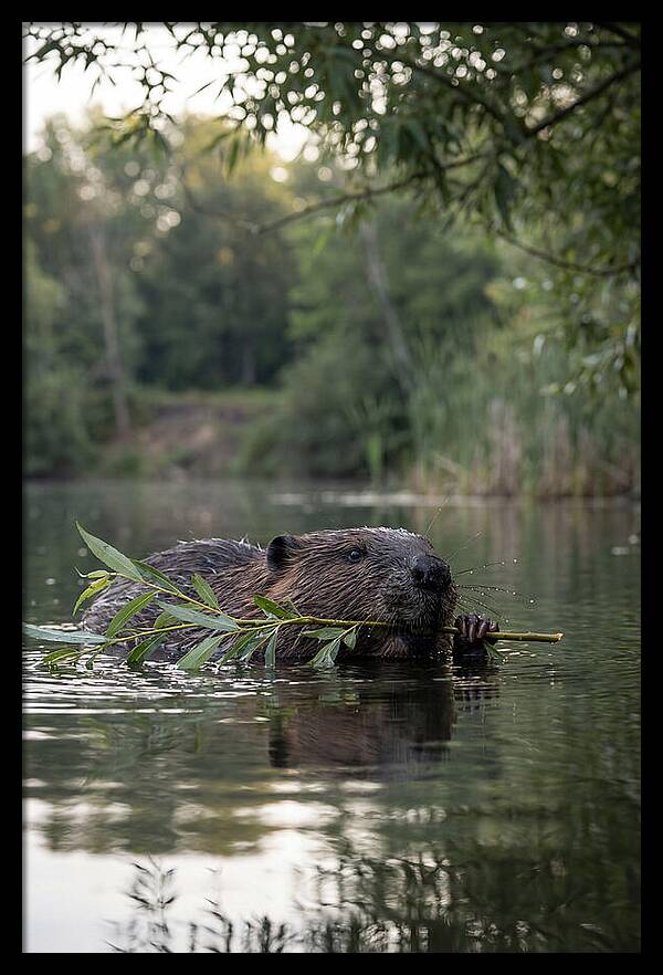 Beaver Swimming With Branch