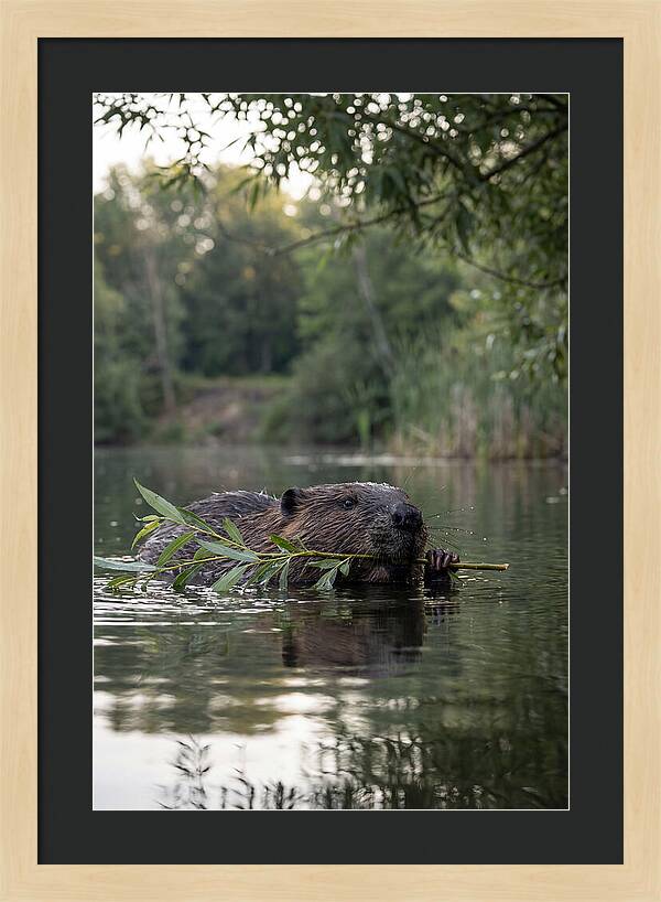 Beaver Swimming With Branch