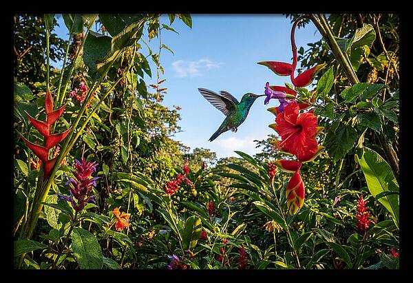 Bee Hummingbird Among Vibrant Blooms