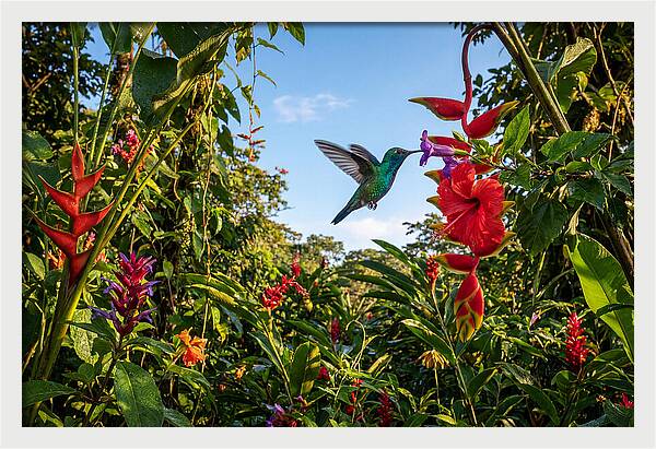 Bee Hummingbird Among Vibrant Blooms
