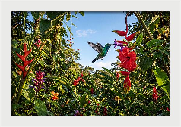 Bee Hummingbird Among Vibrant Blooms