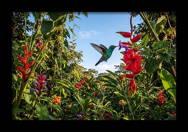 Bee Hummingbird Among Vibrant Blooms