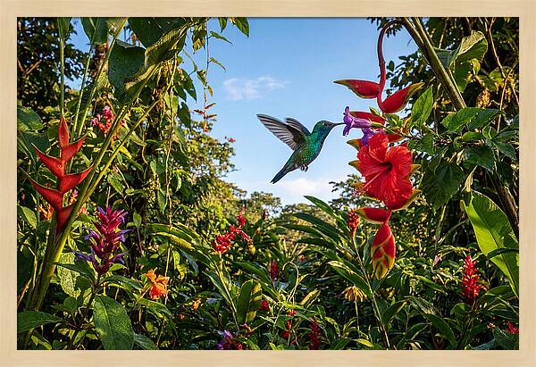 Bee Hummingbird Among Vibrant Blooms