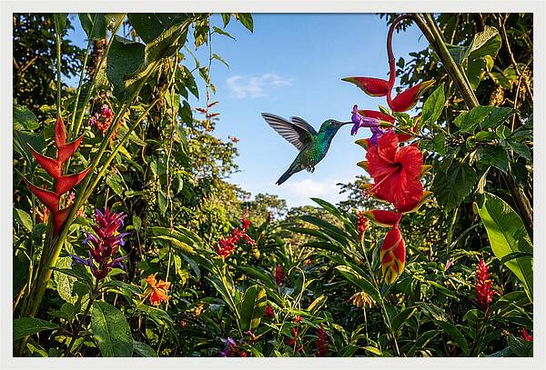 Bee Hummingbird Among Vibrant Blooms