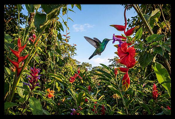 Bee Hummingbird Among Vibrant Blooms