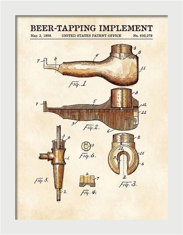 Beer Tapping Implement Watercolor Patent Us603278a