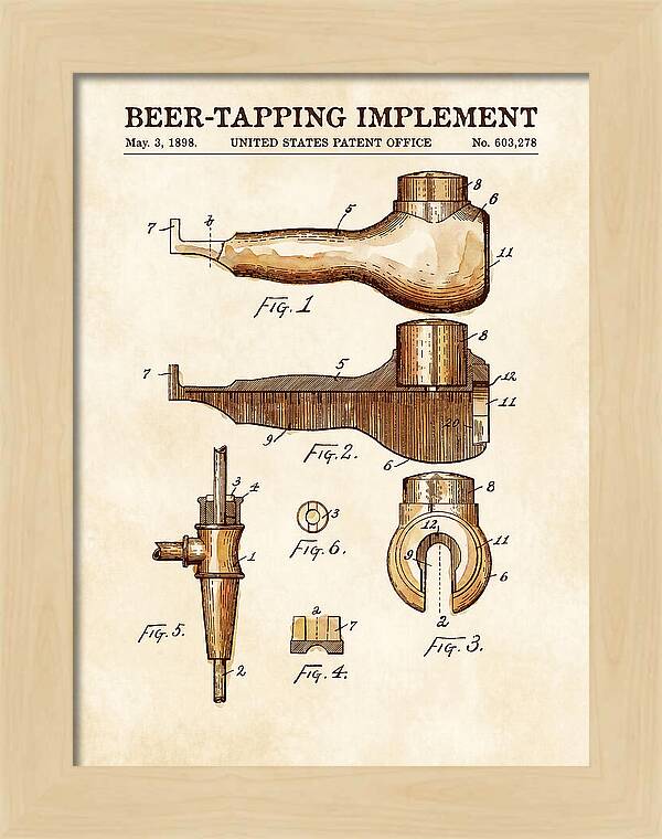 Beer Tapping Implement Watercolor Patent Us603278a
