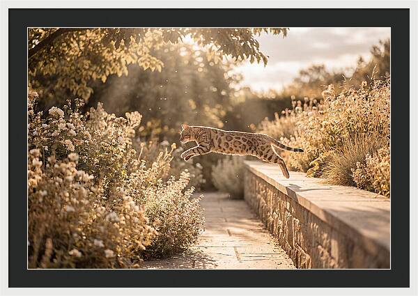 Bengal Cat Leaping Through Garden