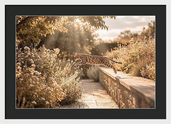 Bengal Cat Leaping Through Garden