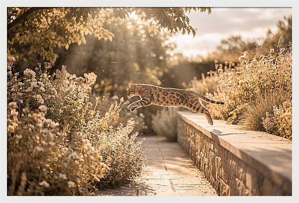 Bengal Cat Leaping Through Garden