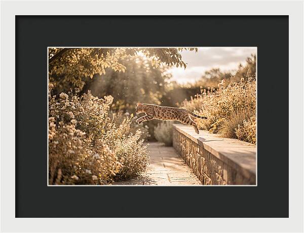Bengal Cat Leaping Through Garden