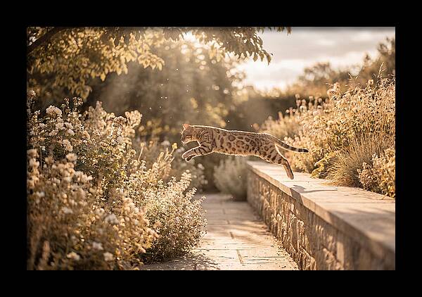 Bengal Cat Leaping Through Garden