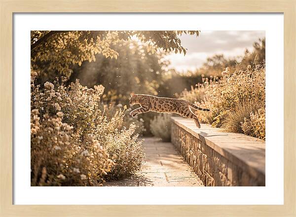 Bengal Cat Leaping Through Garden