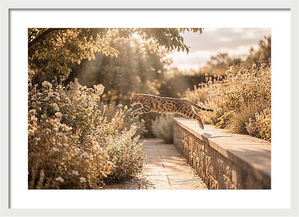 Bengal Cat Leaping Through Garden