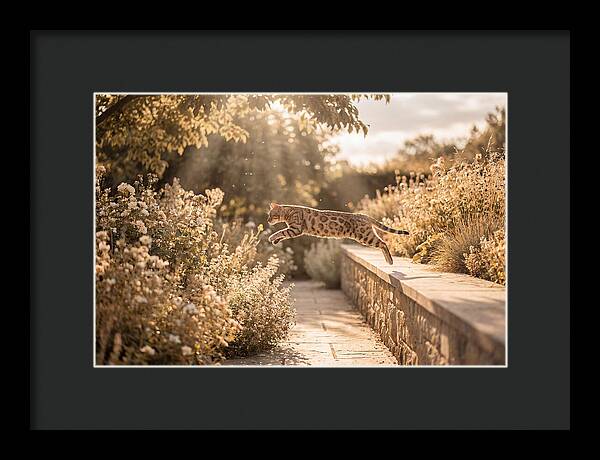 Bengal Cat Leaping Through Garden