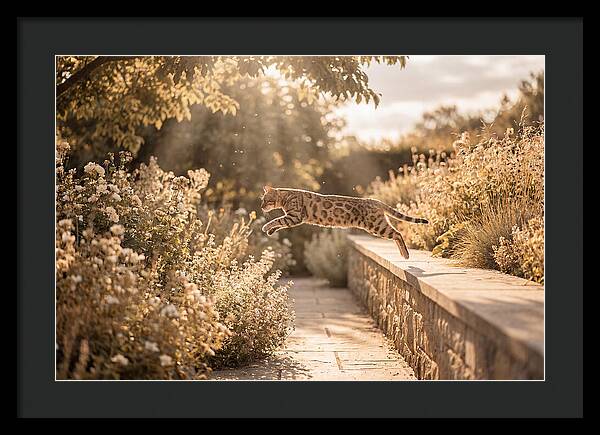 Bengal Cat Leaping Through Garden