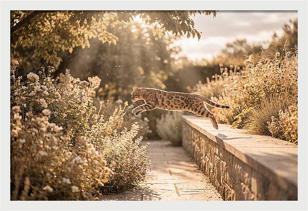 Bengal Cat Leaping Through Garden
