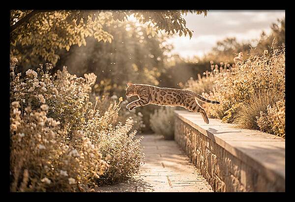 Bengal Cat Leaping Through Garden