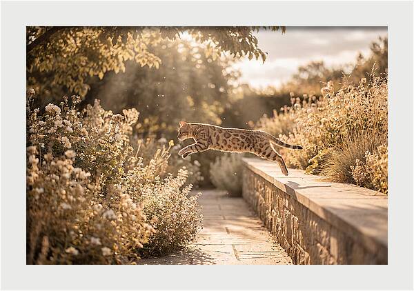 Bengal Cat Leaping Through Garden