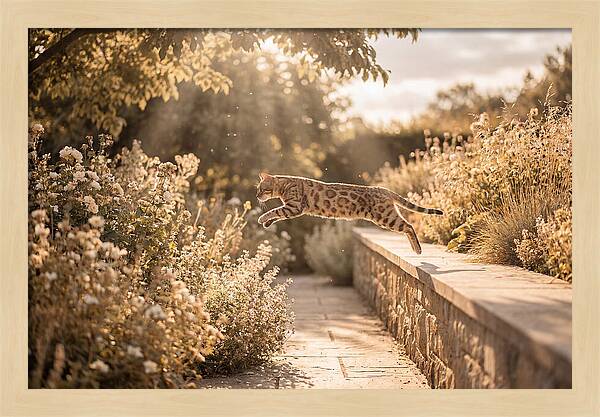 Bengal Cat Leaping Through Garden