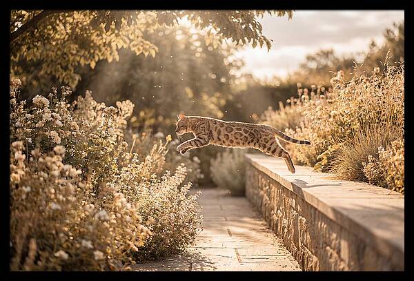 Bengal Cat Leaping Through Garden