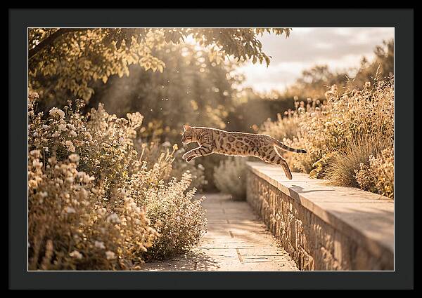 Bengal Cat Leaping Through Garden