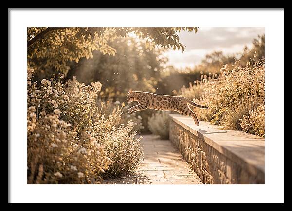Bengal Cat Leaping Through Garden
