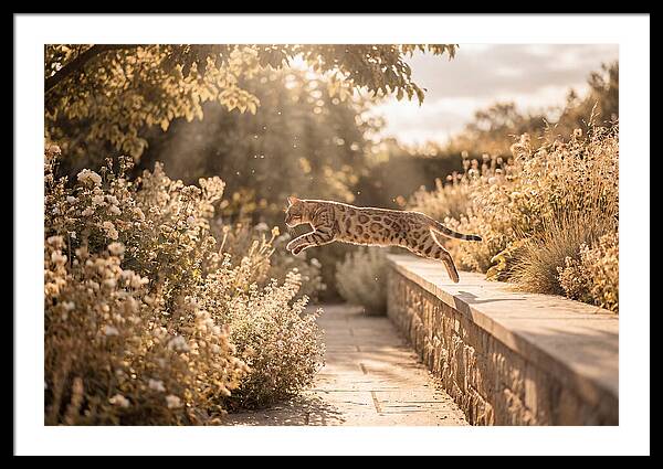 Bengal Cat Leaping Through Garden
