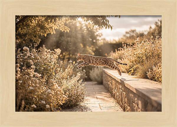 Bengal Cat Leaping Through Garden