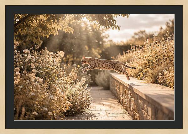 Bengal Cat Leaping Through Garden