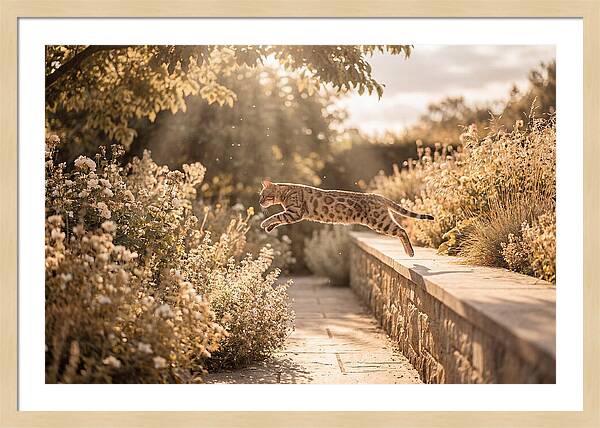 Bengal Cat Leaping Through Garden