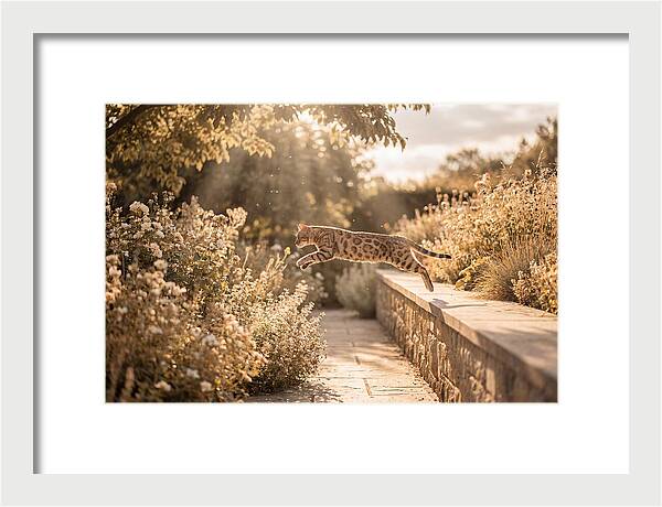 Bengal Cat Leaping Through Garden