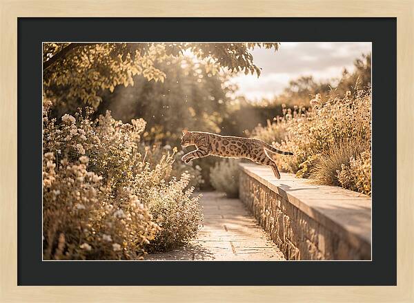 Bengal Cat Leaping Through Garden