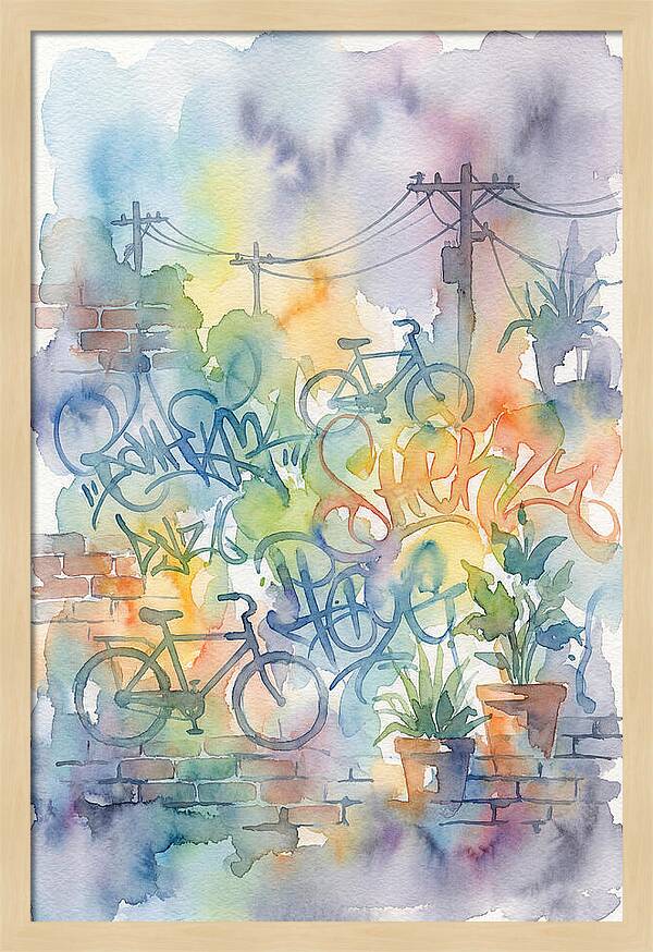 Bicycles And Graffiti In Watercolor