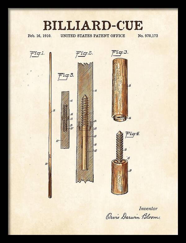 Billiard Cue Watercolor Patent Us970172a