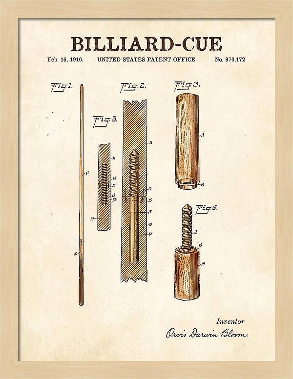 Billiard Cue Watercolor Patent Us970172a