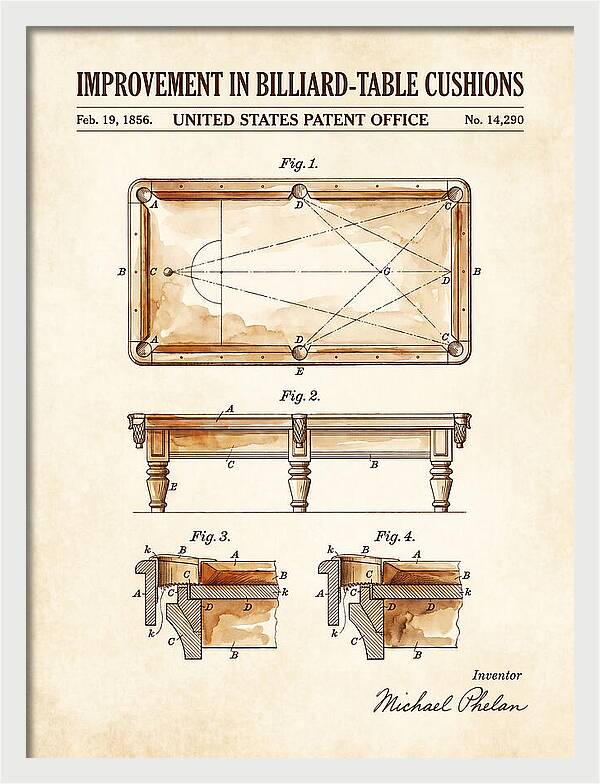 Billiard Table Cushion Watercolor Patent Us14290a