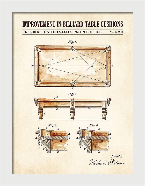 Billiard Table Cushion Watercolor Patent Us14290a