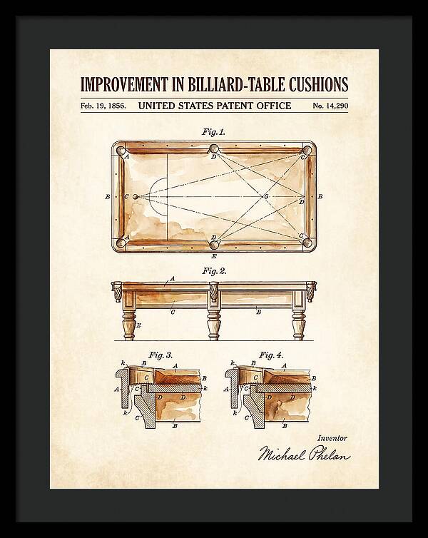 Billiard Table Cushion Watercolor Patent Us14290a