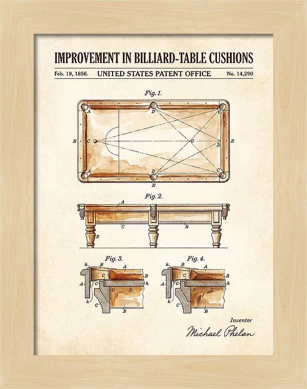 Billiard Table Cushion Watercolor Patent Us14290a