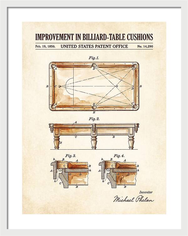 Billiard Table Cushion Watercolor Patent Us14290a