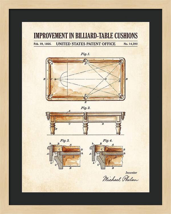 Billiard Table Cushion Watercolor Patent Us14290a