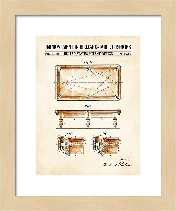 Billiard Table Cushion Watercolor Patent Us14290a