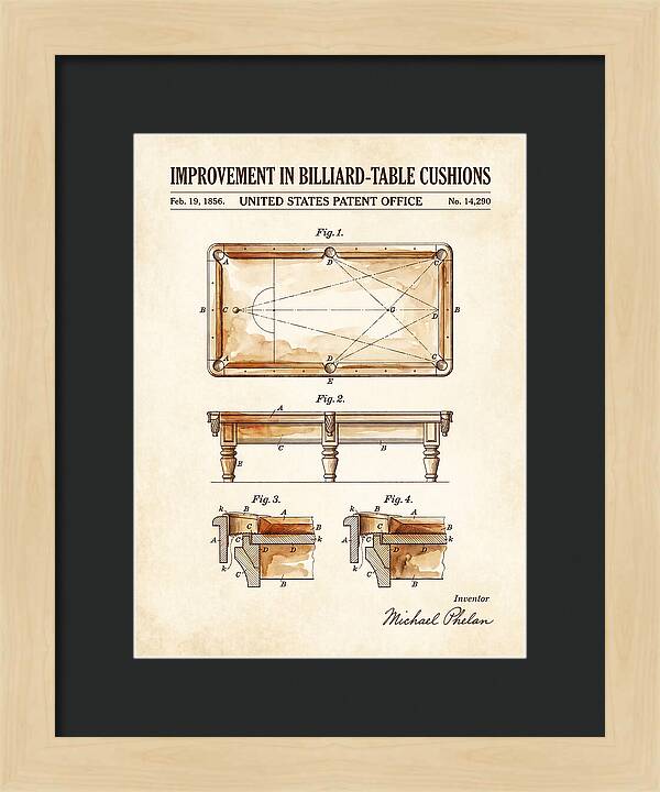Billiard Table Cushion Watercolor Patent Us14290a
